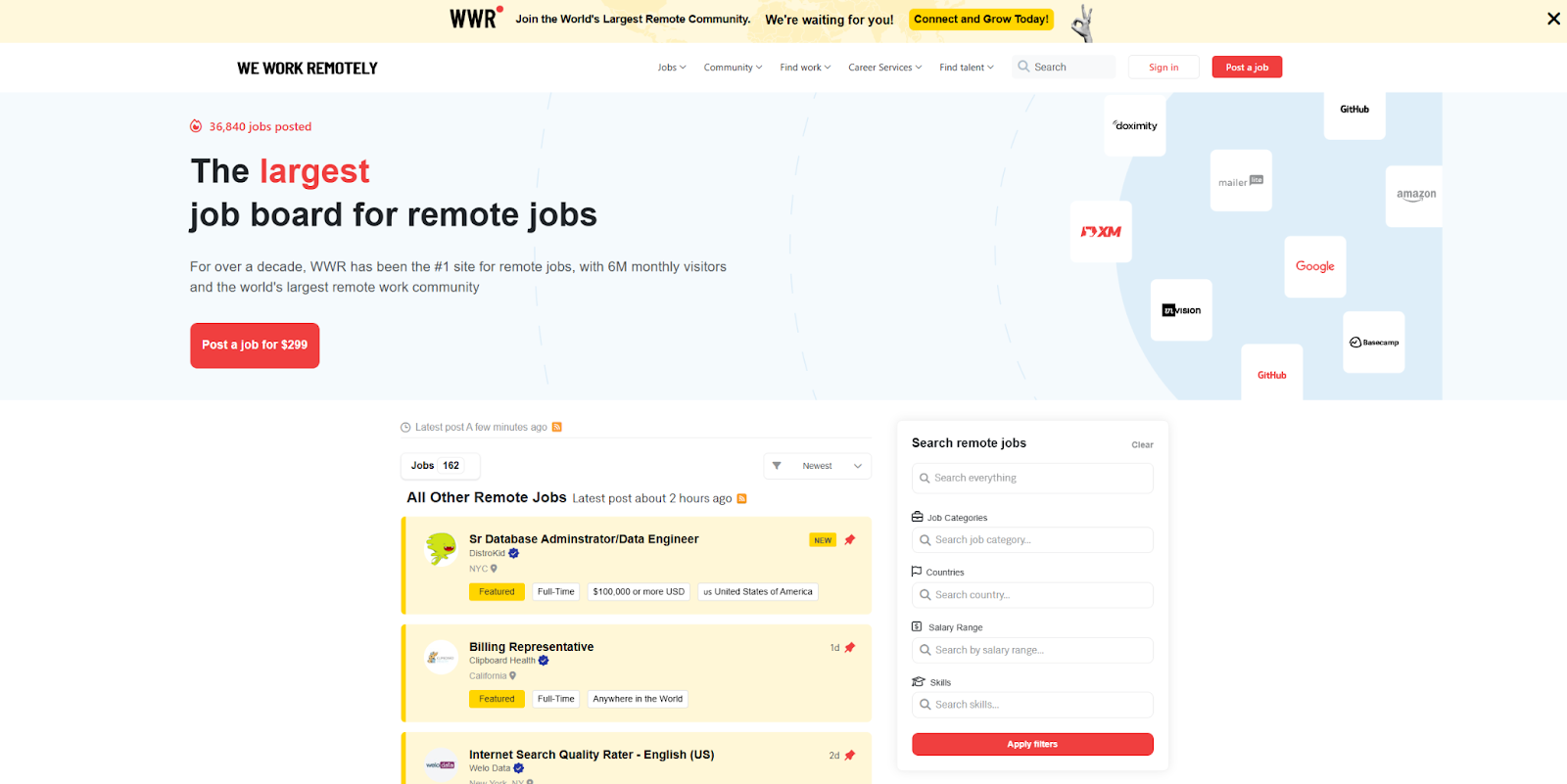 The We Work Remotely homepage, showing a preview of job board listings.