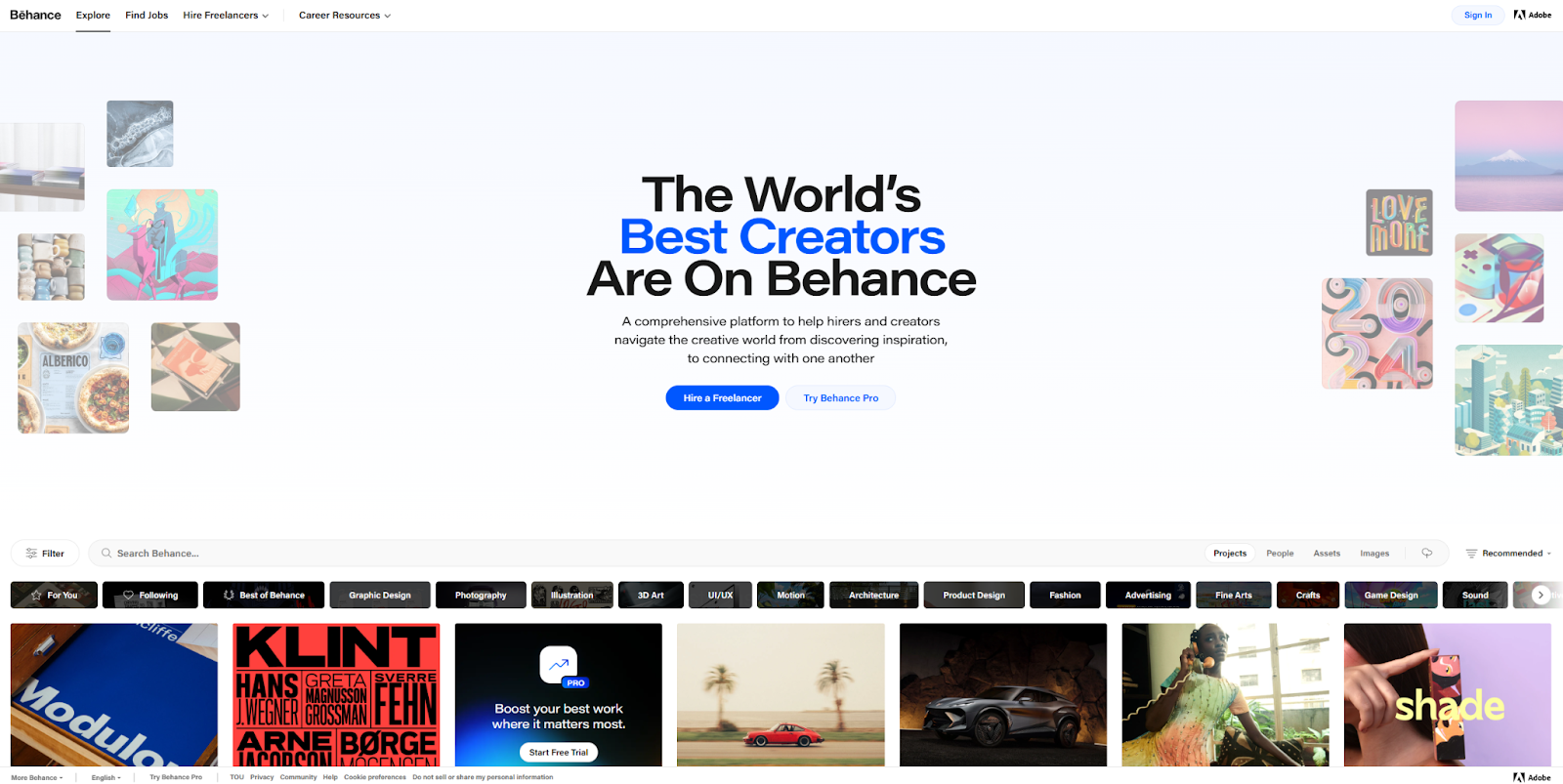 The Behance homepage, with search filters and a variety of job categories.