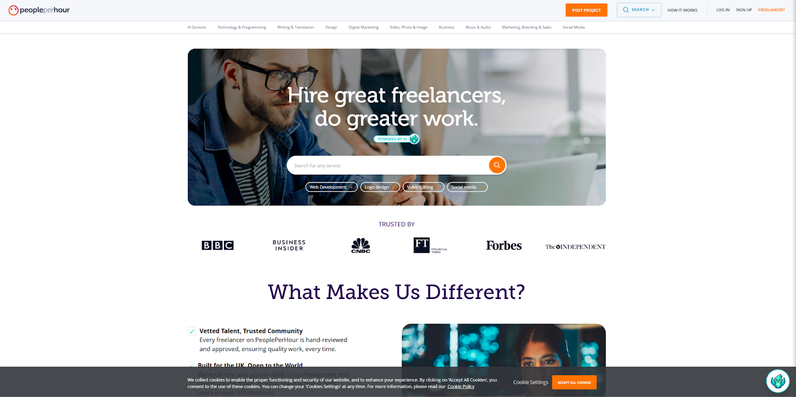 The PeoplePerHour homepage, with a search feature and information about the job board.