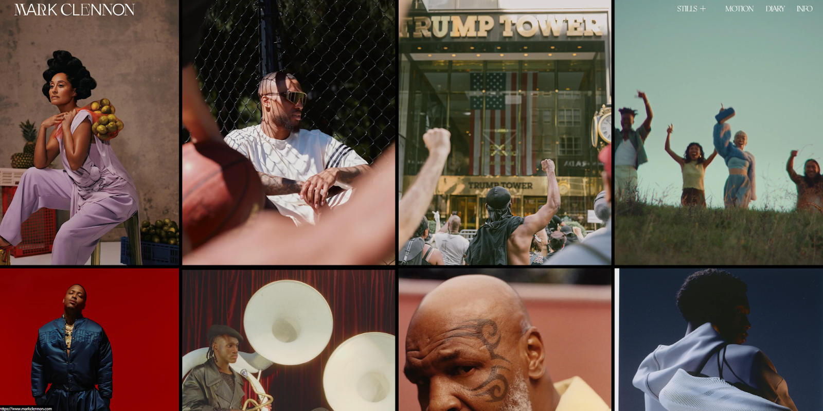 Mark Clennon’s website is a full-page gallery of photos and videos in a rectangular grid. This screenshot showcases eight photos separated by a thin black border.