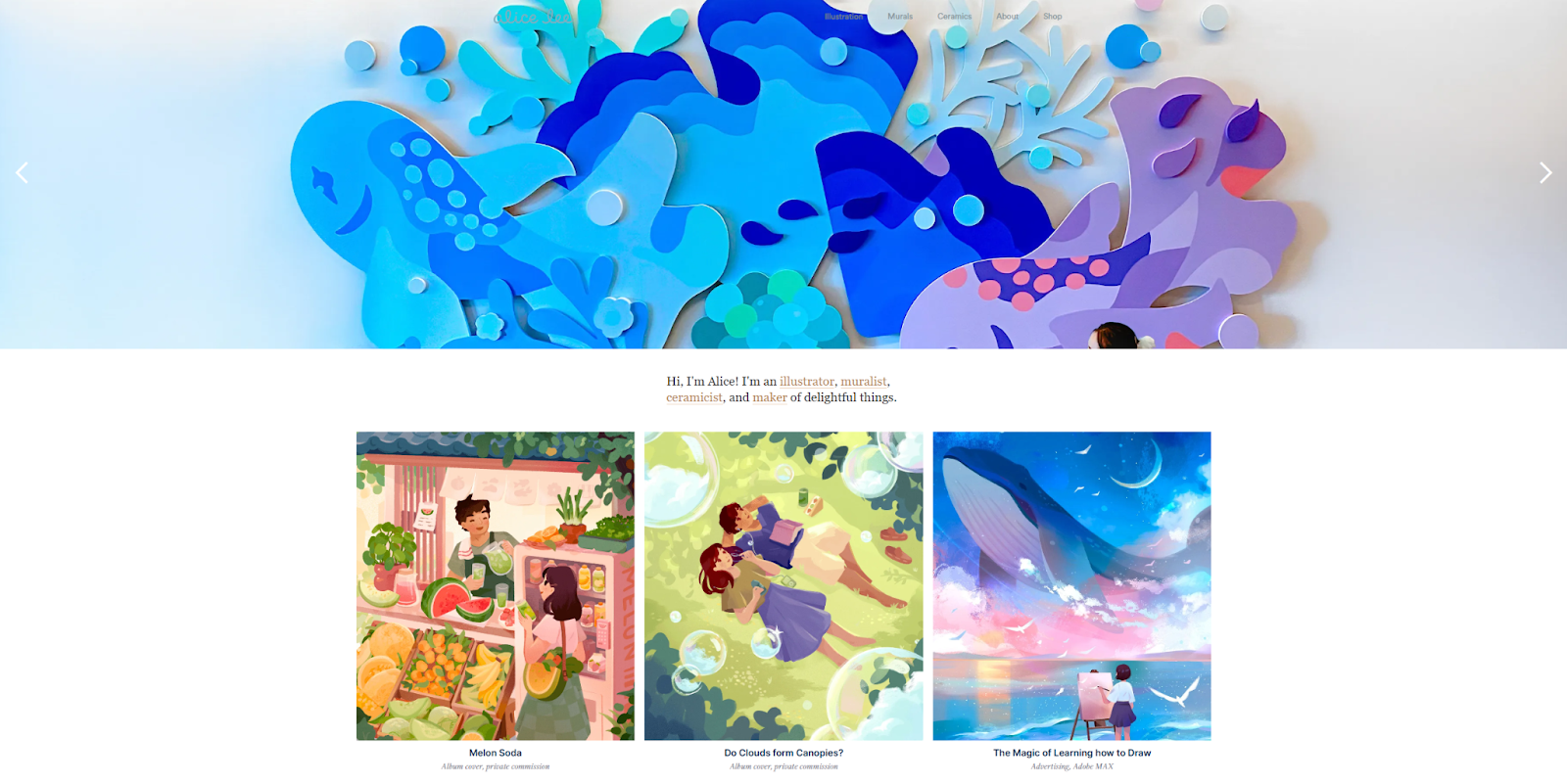 Alice Lee’s personal website includes a wide banner of a brightly colored sealife collage over a white background, followed by a brief introduction and gallery with three images per row.