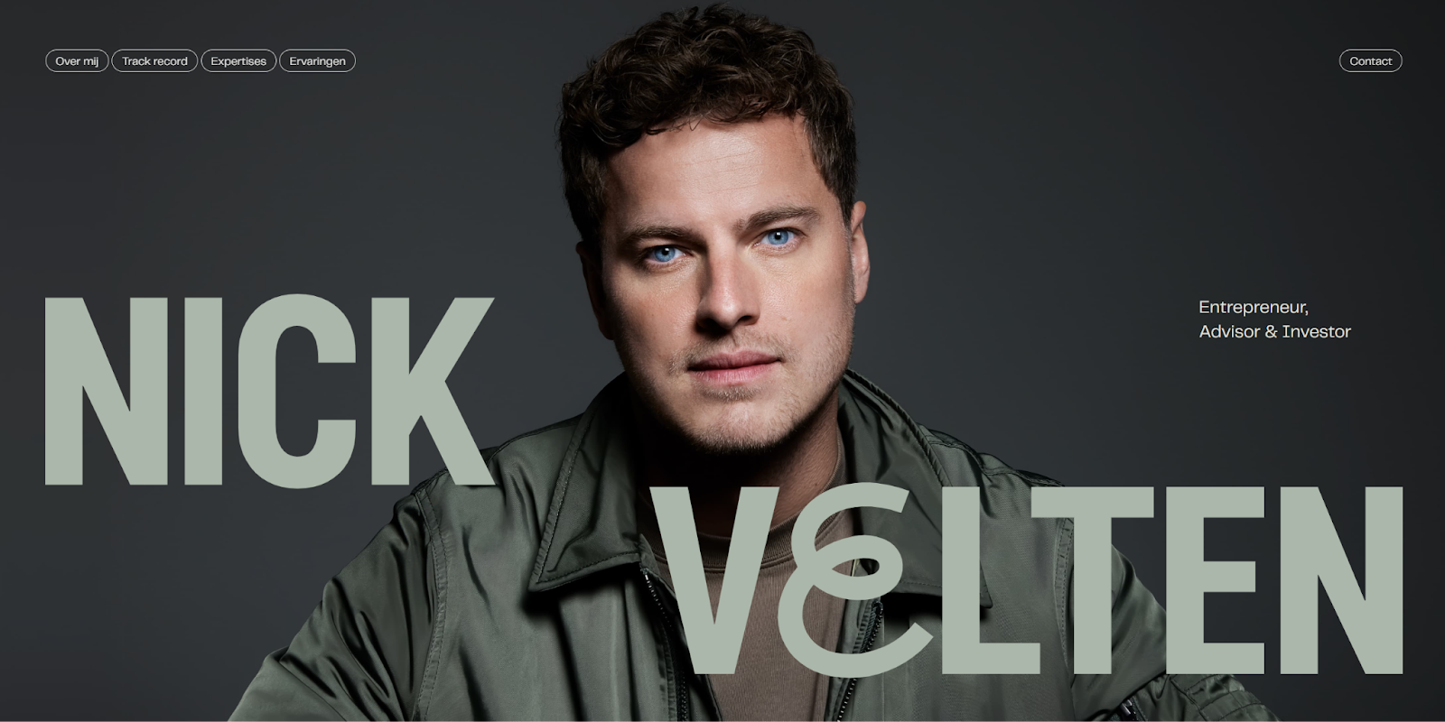 Nick Velten’s personal website centers a high-quality professional headshot, overlaid with his name. On the right-hand side are the words “Entrepreneur, Advisor & Investor” in a smaller font.