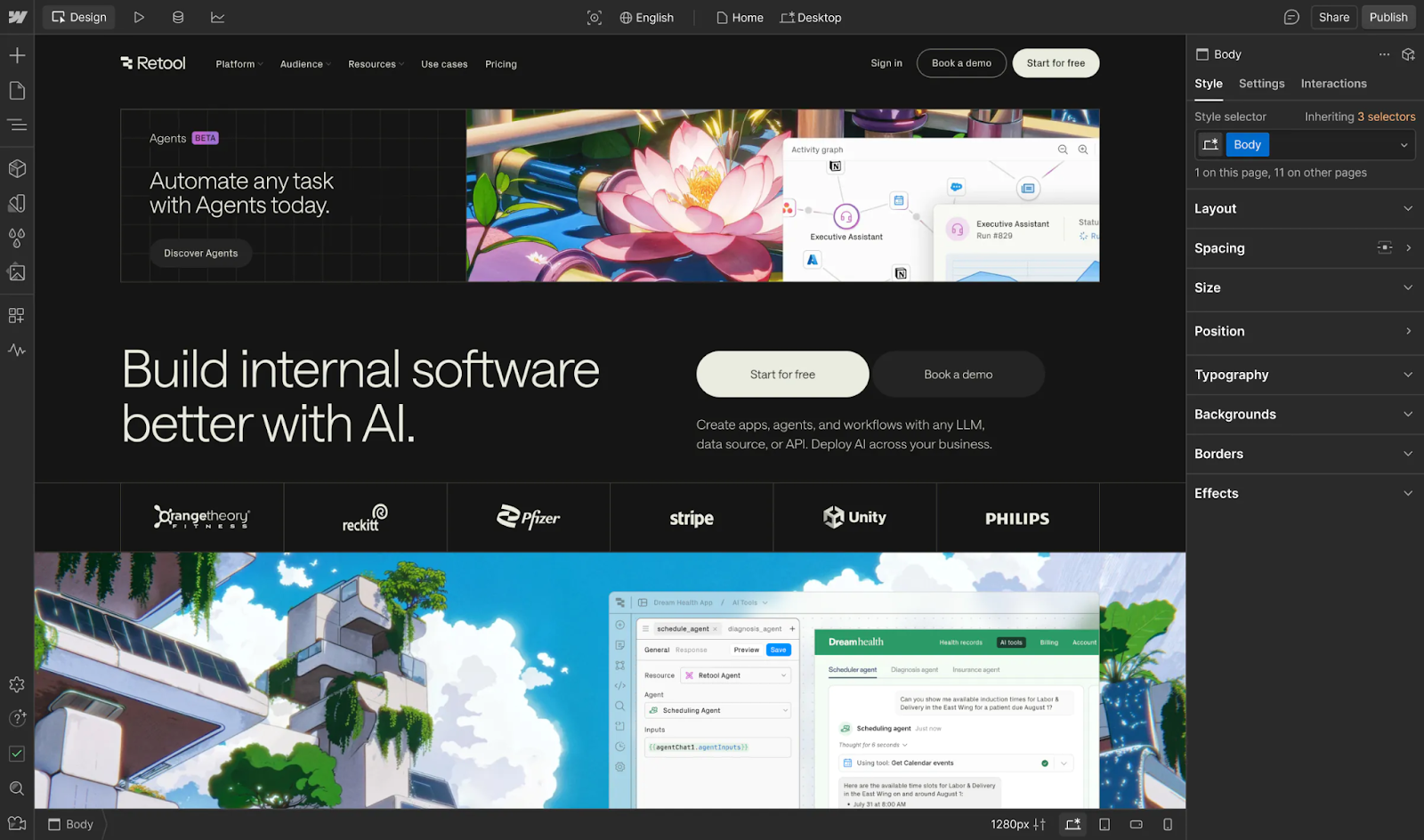 Screenshot of the Webflow Designer showing a webpage for Retool with the headline ‘Build internal software better with AI.’ The page includes navigation links, logos from partner brands like Orangetheory, Pfizer, and Stripe, and a demo section promoting Retool’s AI-powered app creation tools.