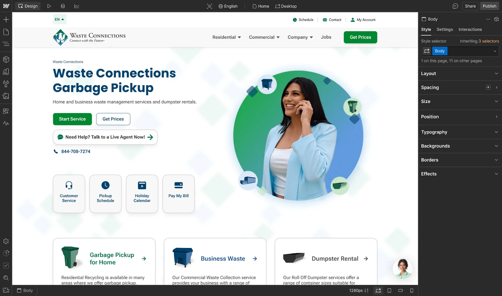 Waste Connections website with garbage pickup info, smiling woman on phone, and service buttons for start, pricing, and support.