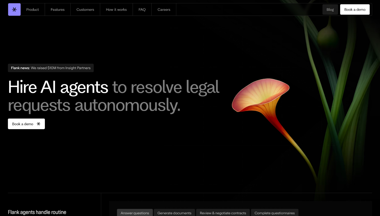 A screenshot of Flank's website with grayscale text against a black background and an image of a calla lily.