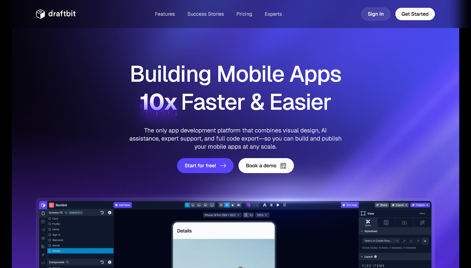 A screenshot of Draftbit's website with a black-and-purple gradient background, header text, CTA buttons, and a video demo.