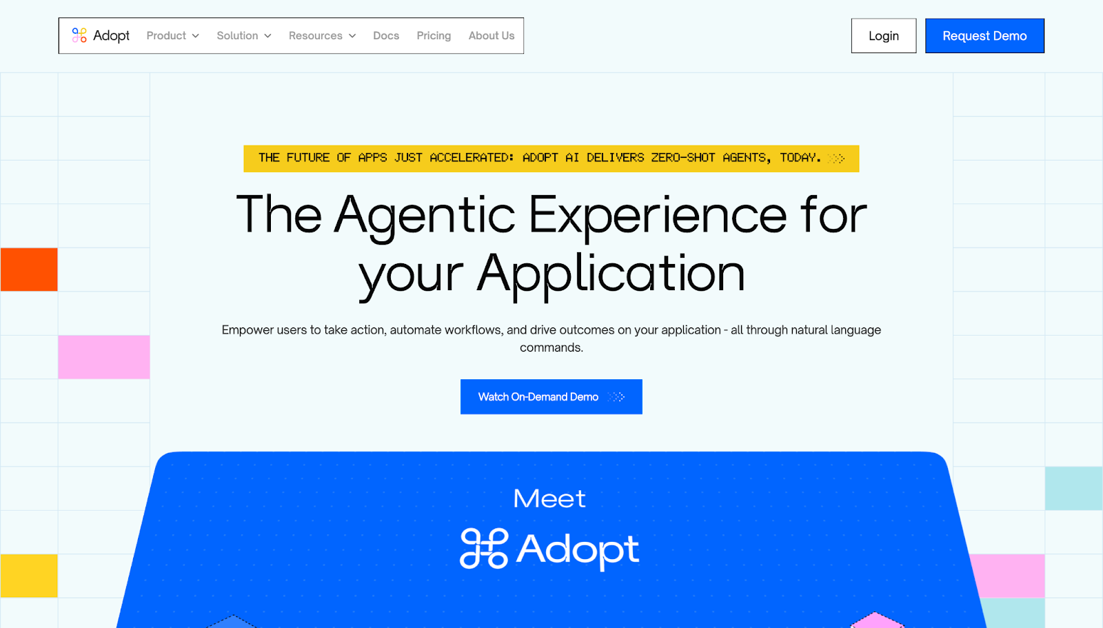 A screenshot of Adopt's website with text and various colored blocks in the background, including a CTA to watch a demo.