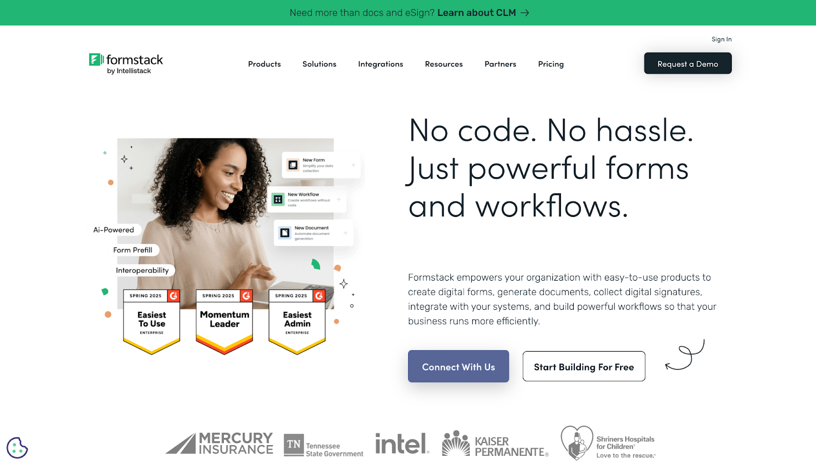 A screenshot of Formstack's website, with a green notification bar, header text, CTA buttons, and award graphics overlaying an image of a woman.