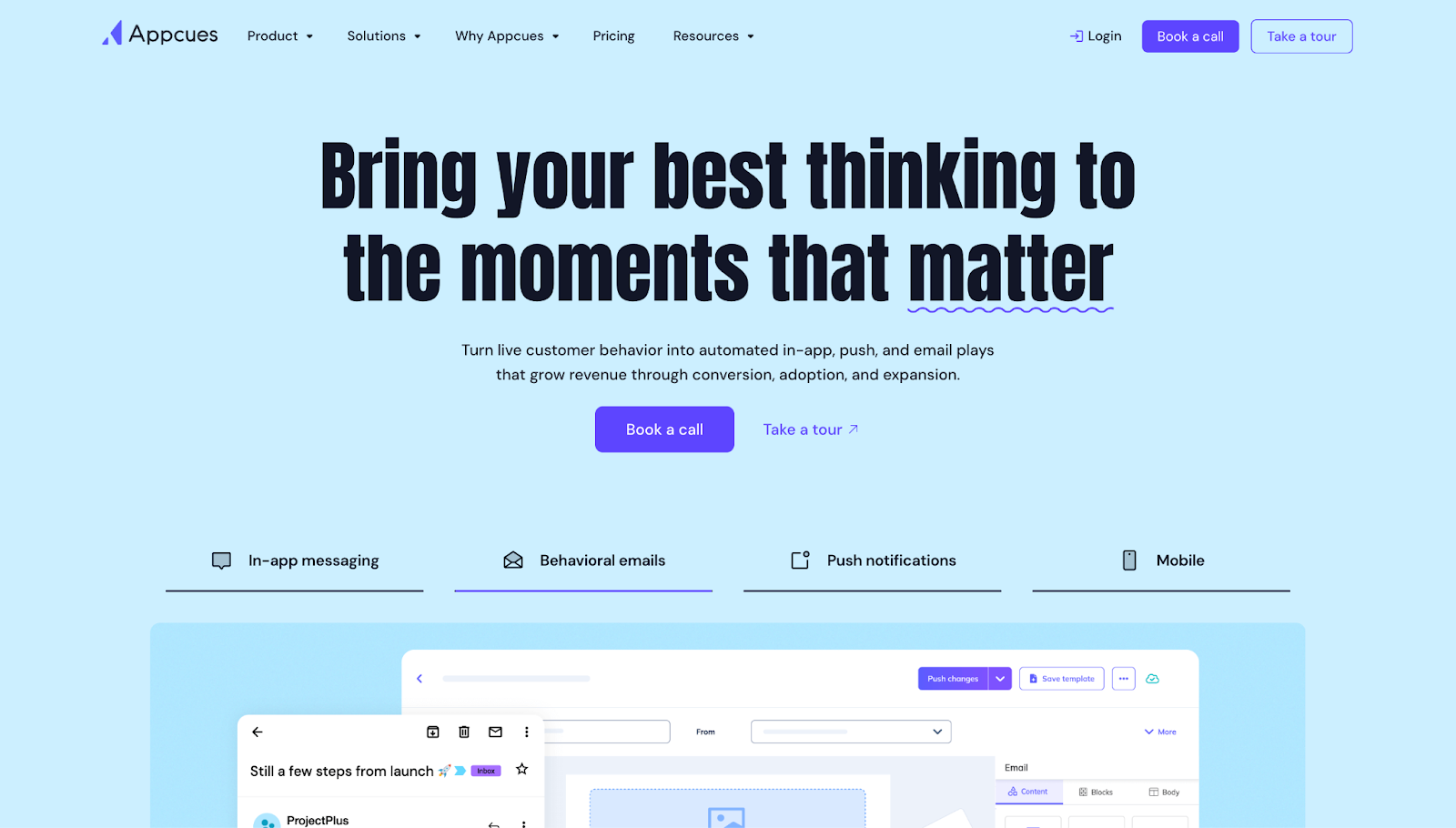 A screenshot of Appcues’ website showing black text against a light blue background, with screenshots of various notification and messaging interfaces.