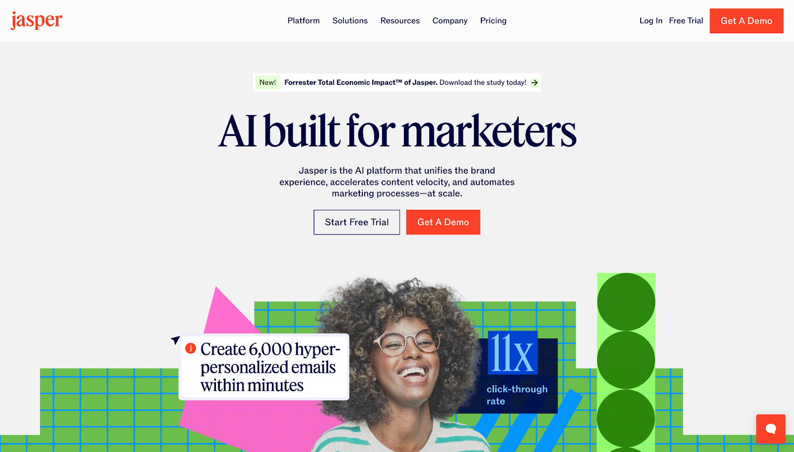 A screenshot of Jasper's website showing the text “AI built for marketers,” along with graphic illustrations and CTA buttons.