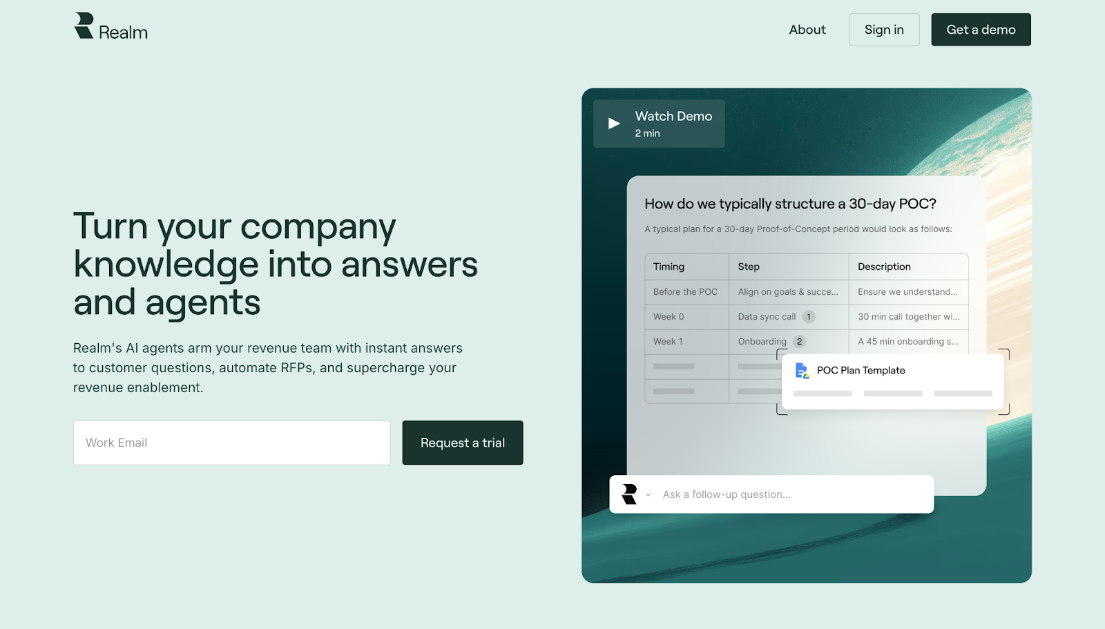 A screenshot of Realm's website in mint green with header text, a form field, and a screenshot of the software.