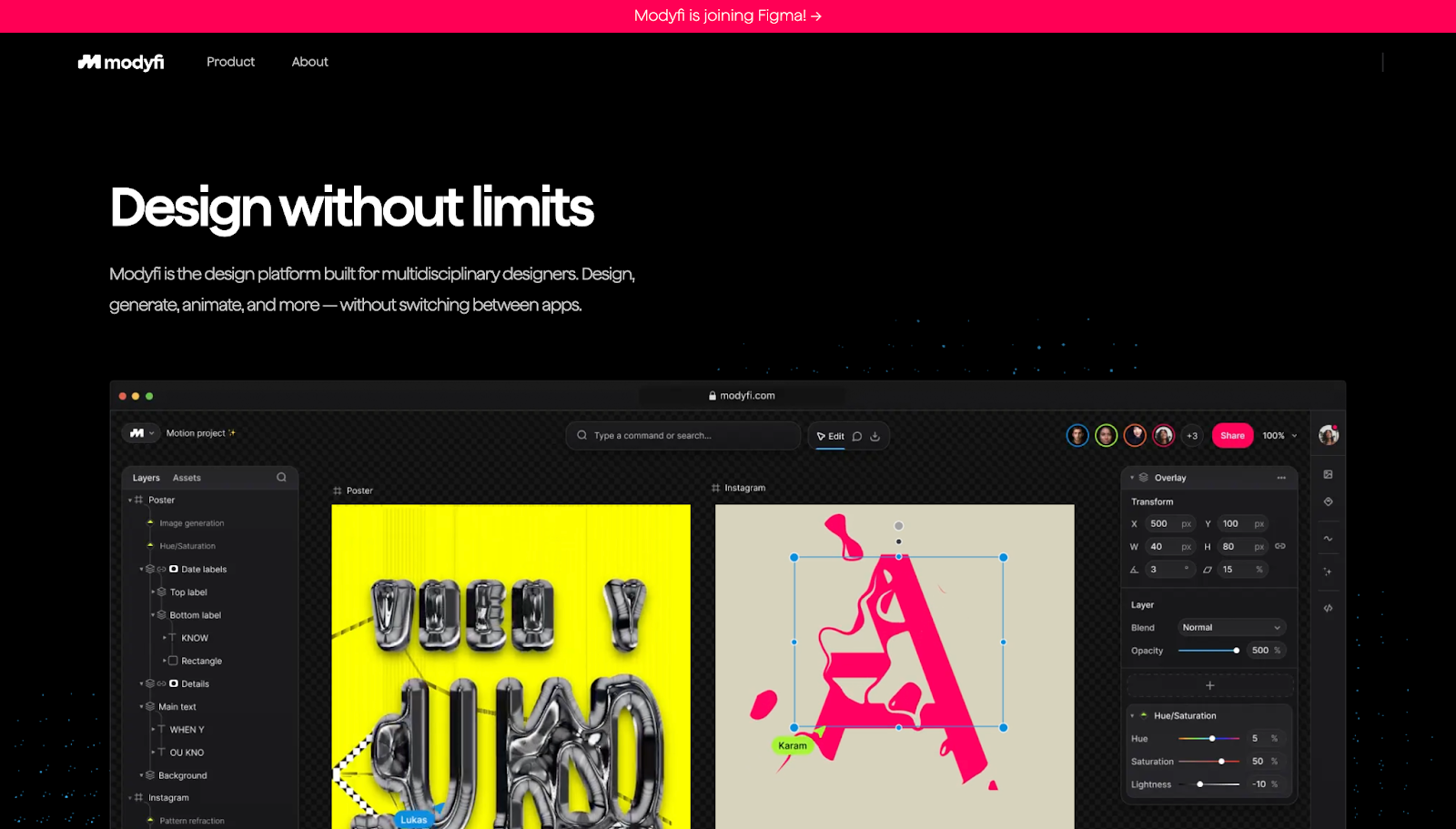 A screenshot of Modyfi's website, showing the text “Design without limits” above an animated visual of the user interface.