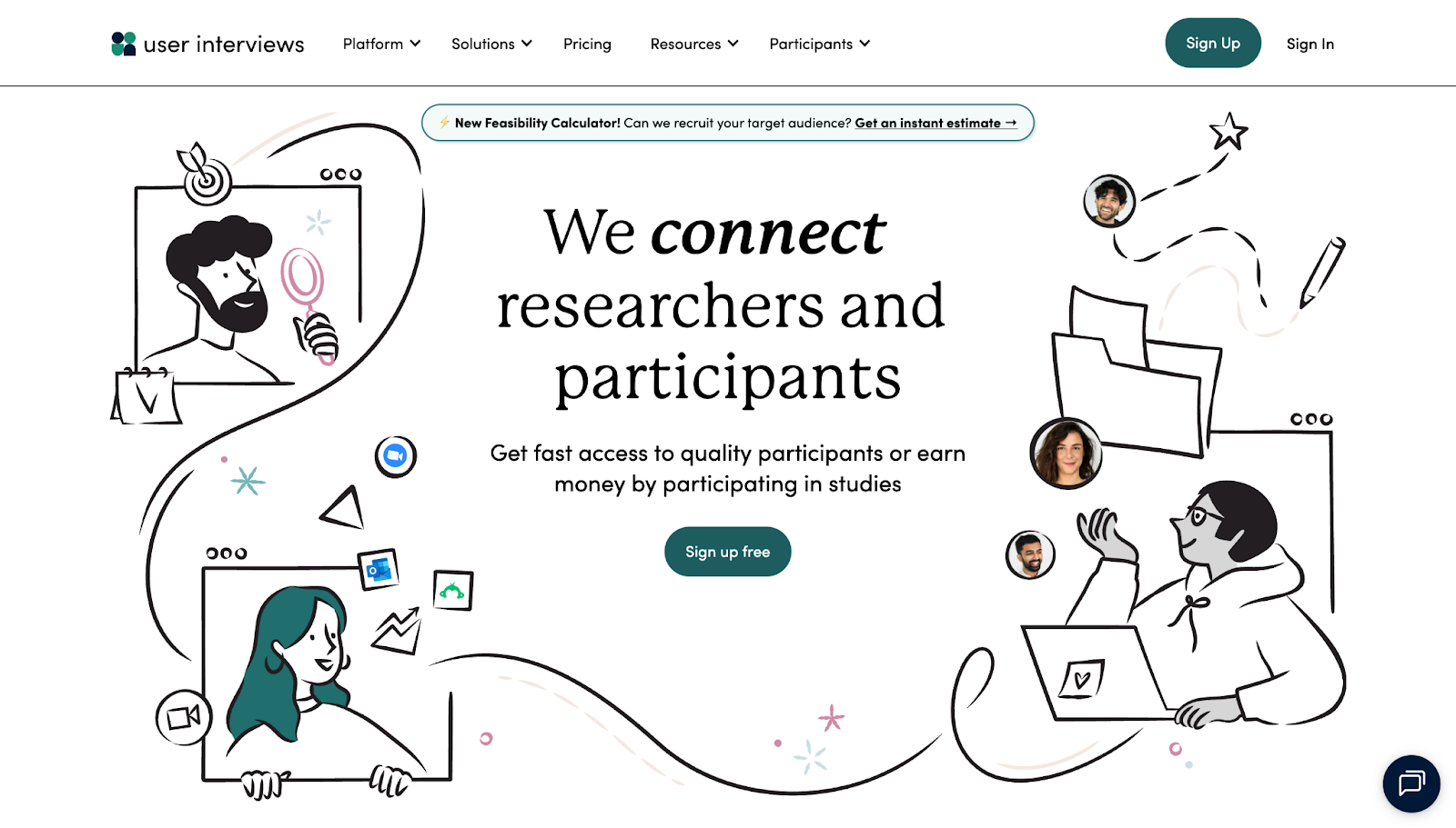 A screenshot of User Interviews' website, with black text against a white background and illustrations showing various workflows in action.