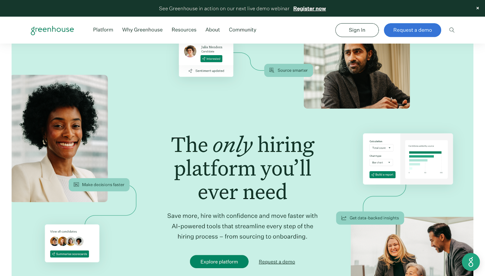A screenshot of Greenhouse's website showing floating value-first visuals and text on a mint green background.