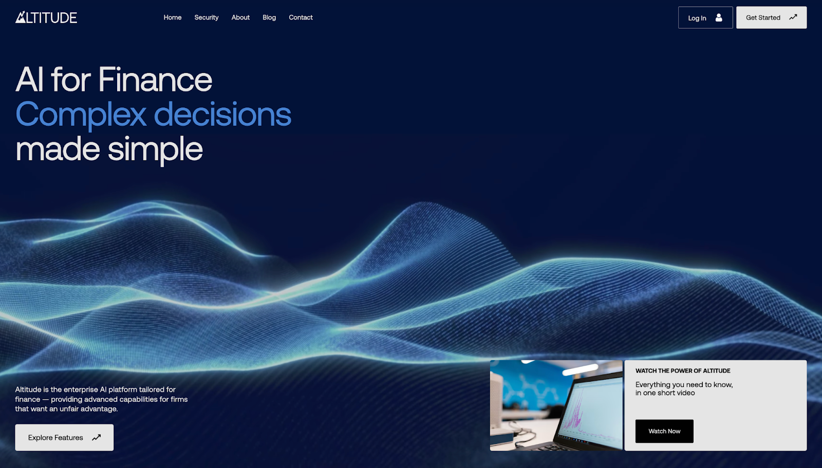 A screenshot of Altitude's website, showing wave-like animations against a dark blue background with text and CTA buttons.