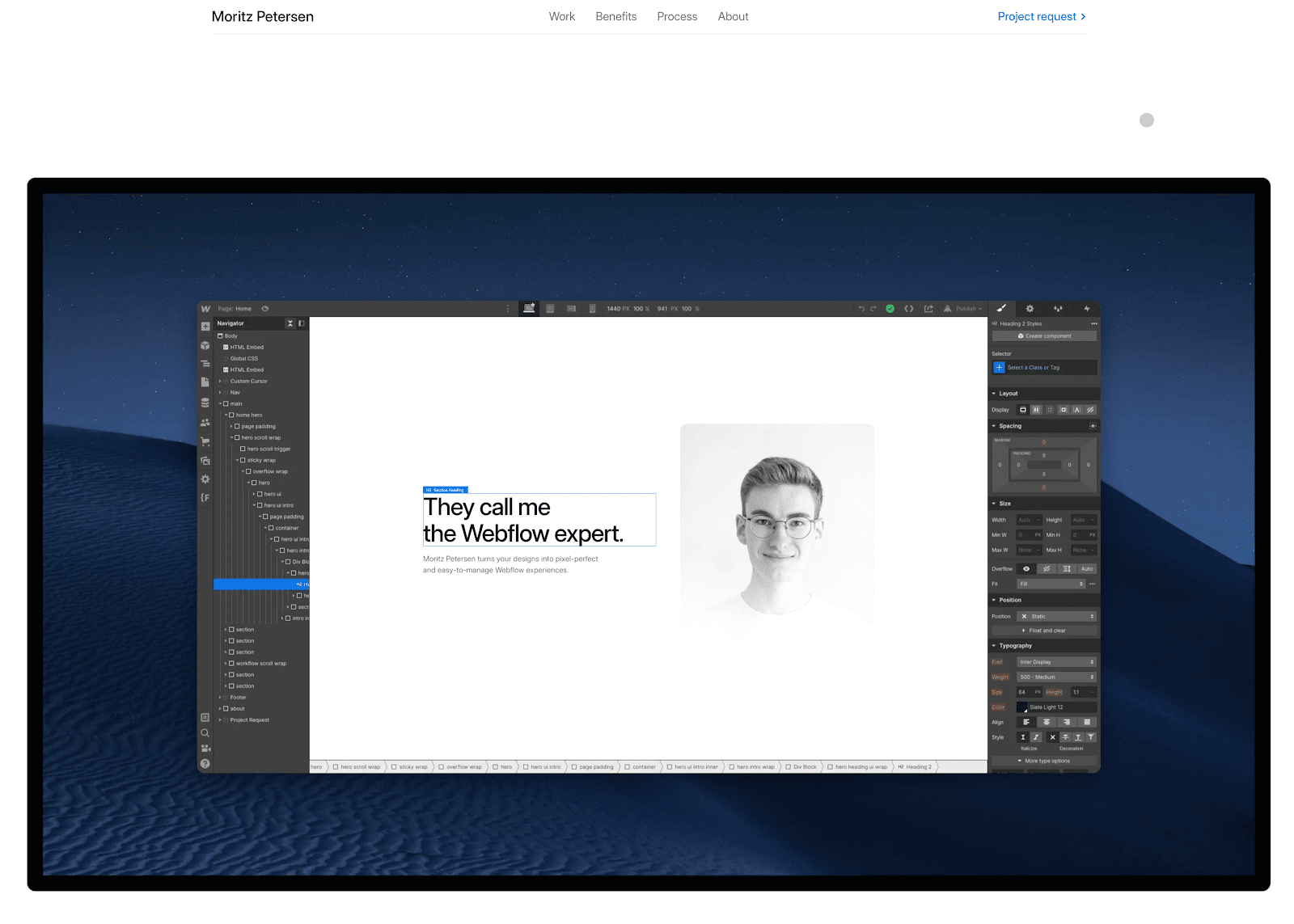 Moritz Petersen’s design portfolio website features a Webflow Designer window wherein an image of his face sits beside a headline that reads, “They call me the Webflow expert.”