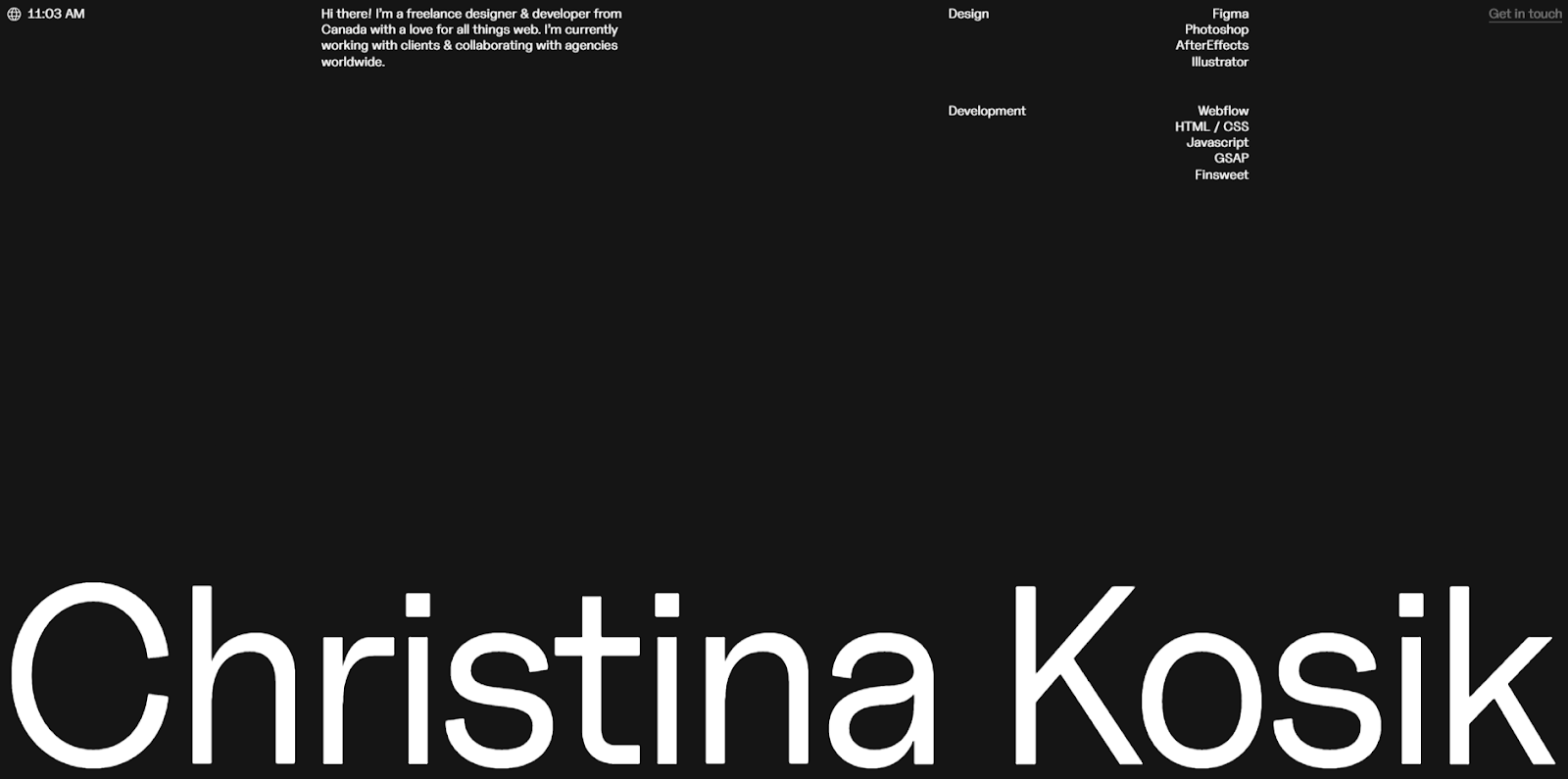 A mostly black homepage with Christina Kosik’s name at the bottom and introductory text at the top.