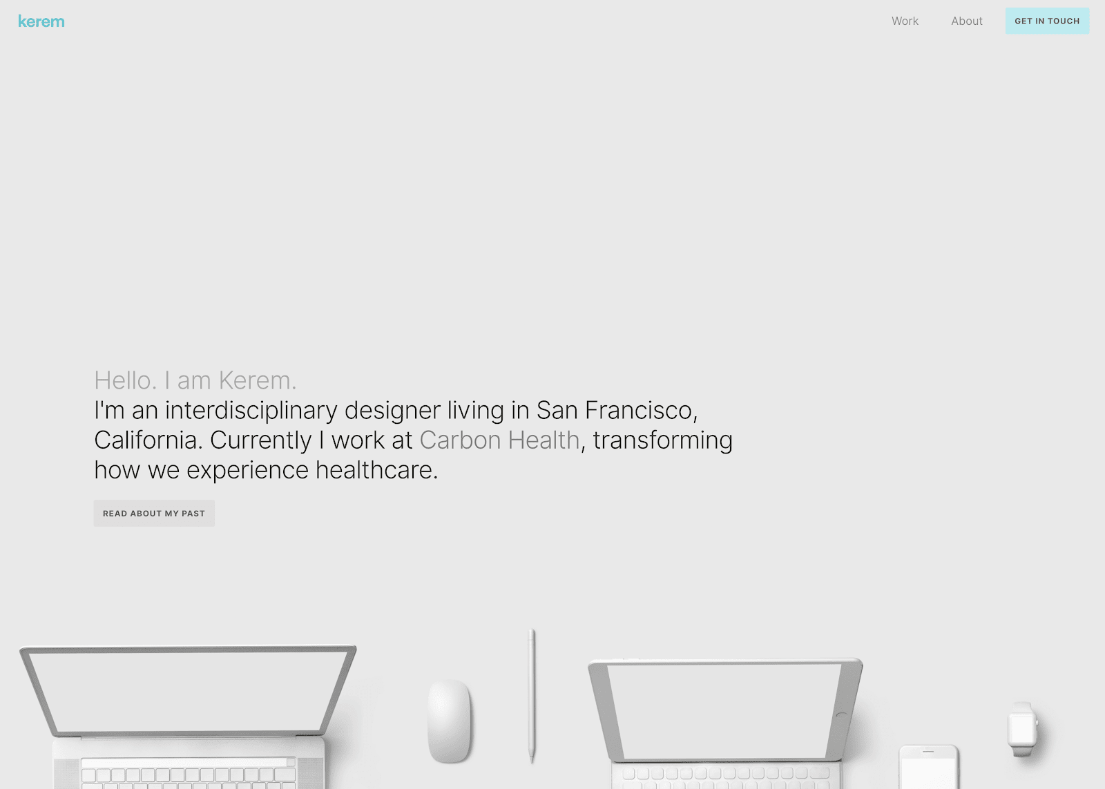Kerem Suer’s website portfolio shows two images of plain laptops with the headline “Hello. I am Kerem.” at the top.