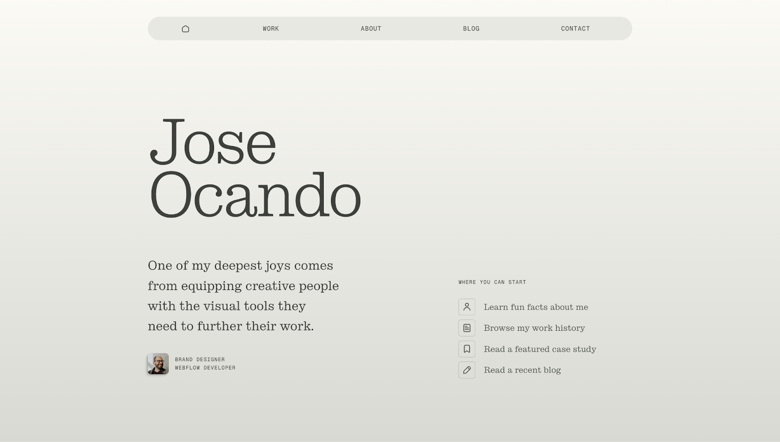 A screenshot of Jose Ocando’s portfolio website showing a menu, Jose’s full name, a description, and a “Where you can start” list.