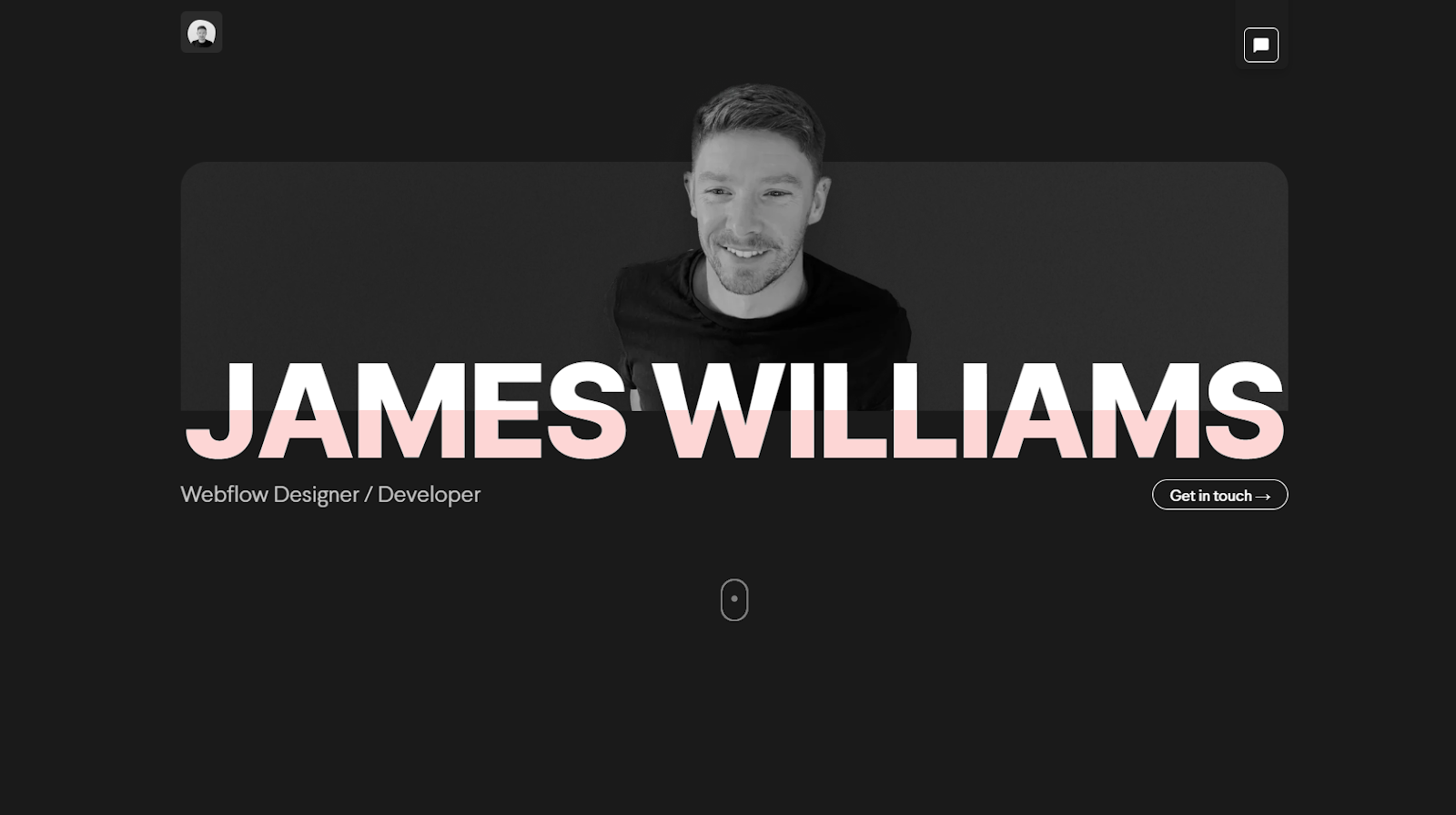 A headline reading “James Williams” is featured at the top of a black webpage below a black-and-white cutout image of James.