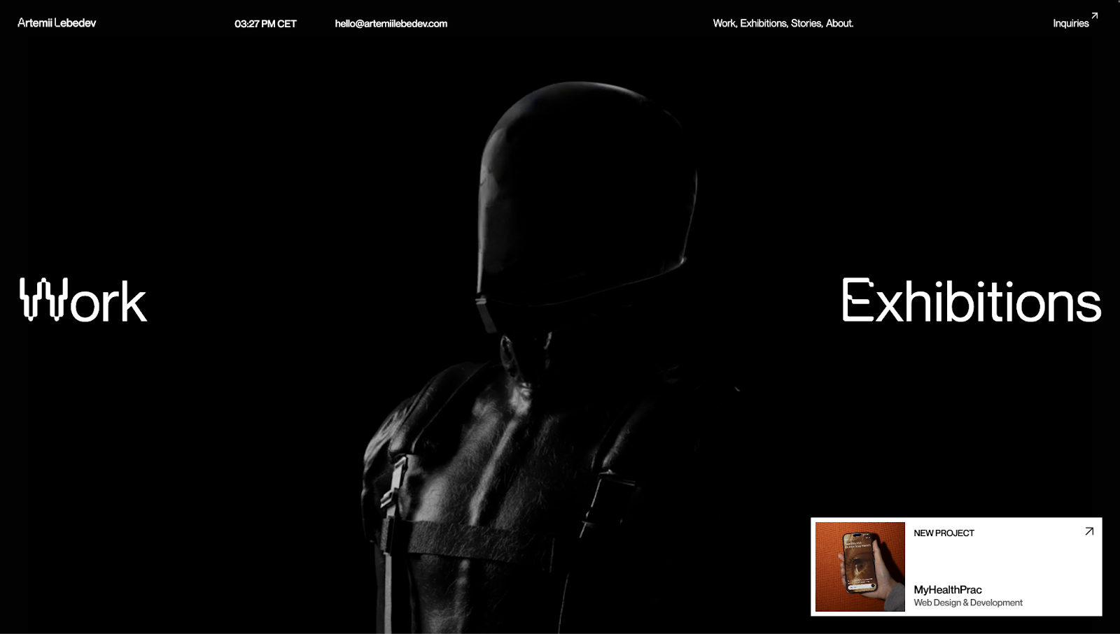 A screenshot of Artemii Lebedev’s portfolio with the words “Work” and “Exhibitions” on the left and right, respectively, and a silhouette figure in the middle.