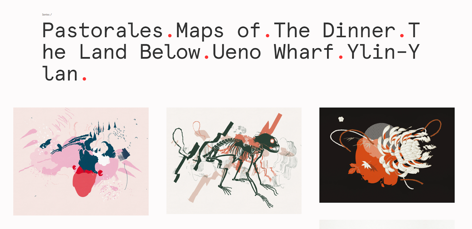 Pierrick Calvez’s homepage features three striking art pieces below a headline reading “Pastorales. Maps of. The Dinner. The Land Below. Ueno Wharf. Ylin-Ylan.”