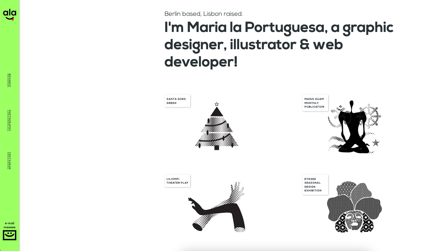 Maria la Portuguesa’s homepage features a gallery of black and white images below a headline that reads, “I’m Maria la Portuguesa, a graphic designer, illustrator & web developer!”