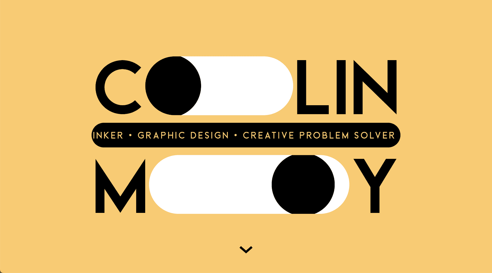 Colin Moy’s homepage features his name over a yellow background with the O’s represented as black-and-white eyes.