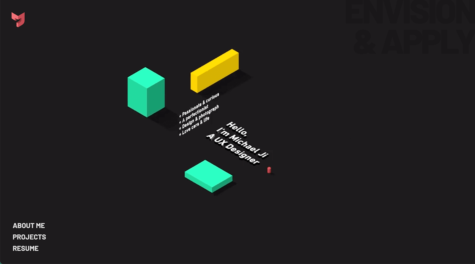 Michael Ji’s portfolio website homepage includes a few colored blocks around the text “Hello, I’m Michael Ji, a UX designer.”