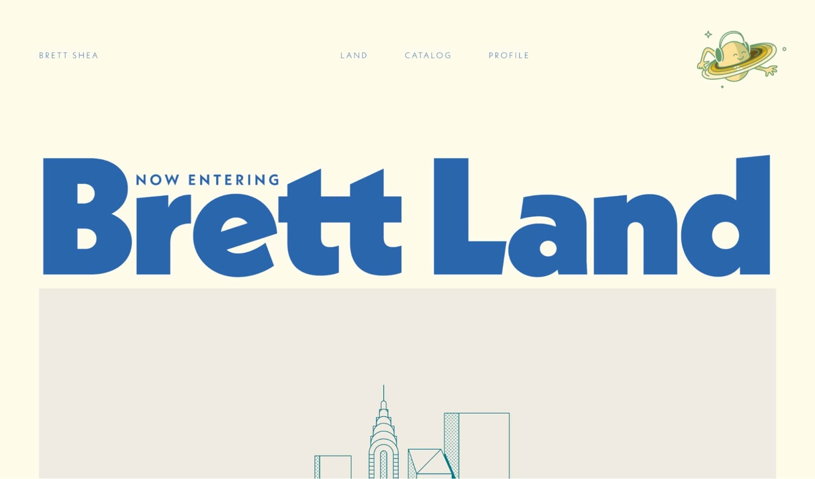 Brett Shea’s homepage uses a bright background with the words “Now entering Brett Land” resting over a line drawing of a city skyline.