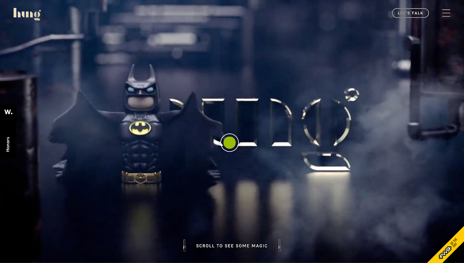 A screenshot of Hung Design Studio’s website portfolio with a Batman figurine and the text “Hung” in the background.