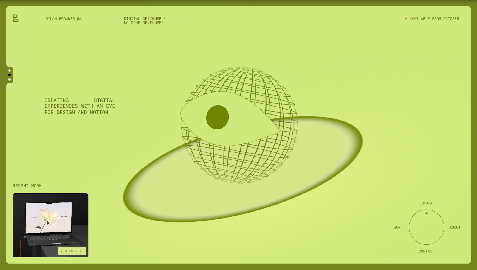 A screenshot of Dylan Brouwer’s portfolio with a giant eyeball floating above a circle.