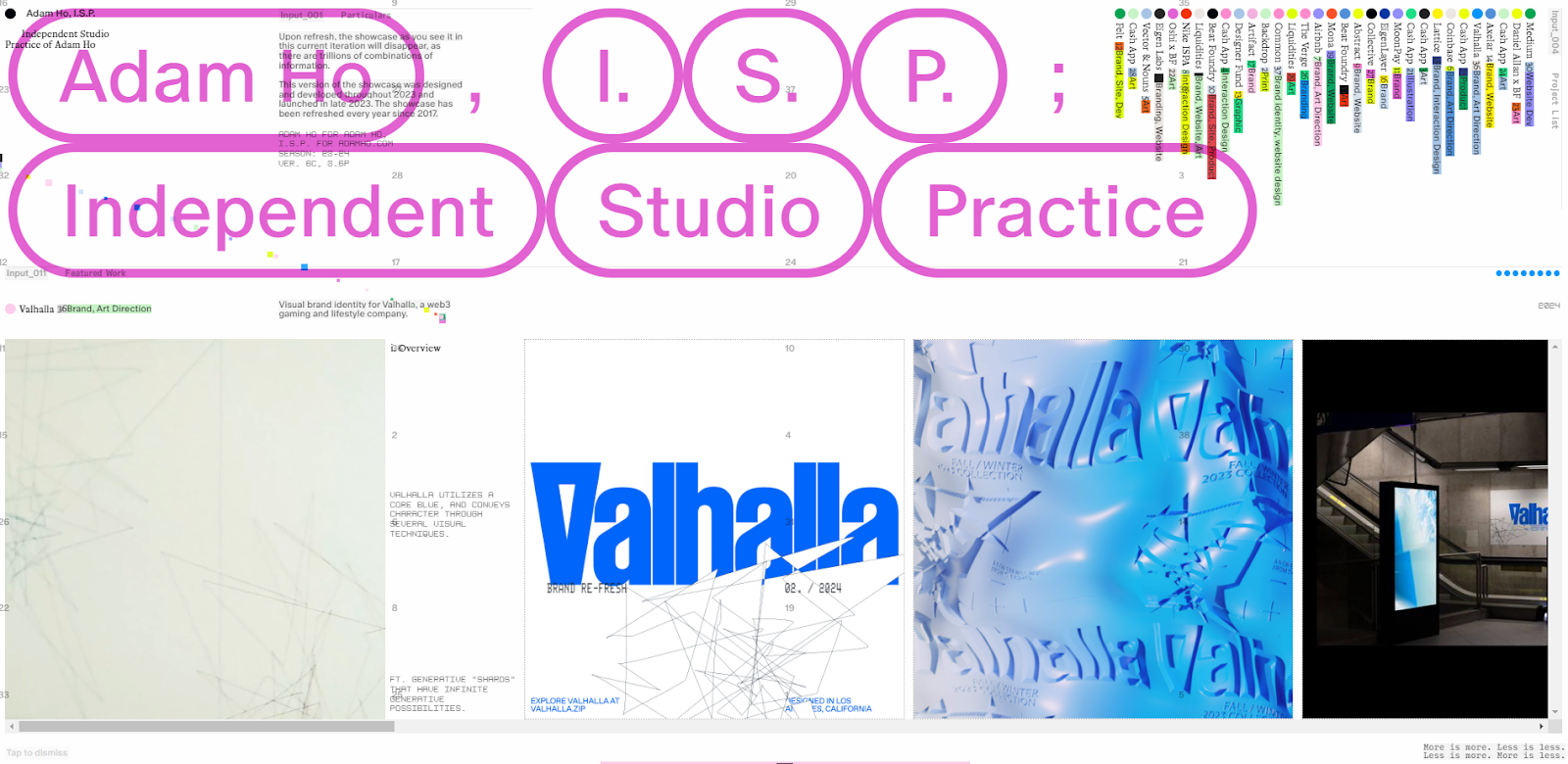 Adam Ho’s portfolio website features a busy gallery of project samples on a white background. In pink ovals at the top are the words “Adam Ho, ISP. Independent Studio Practice.”