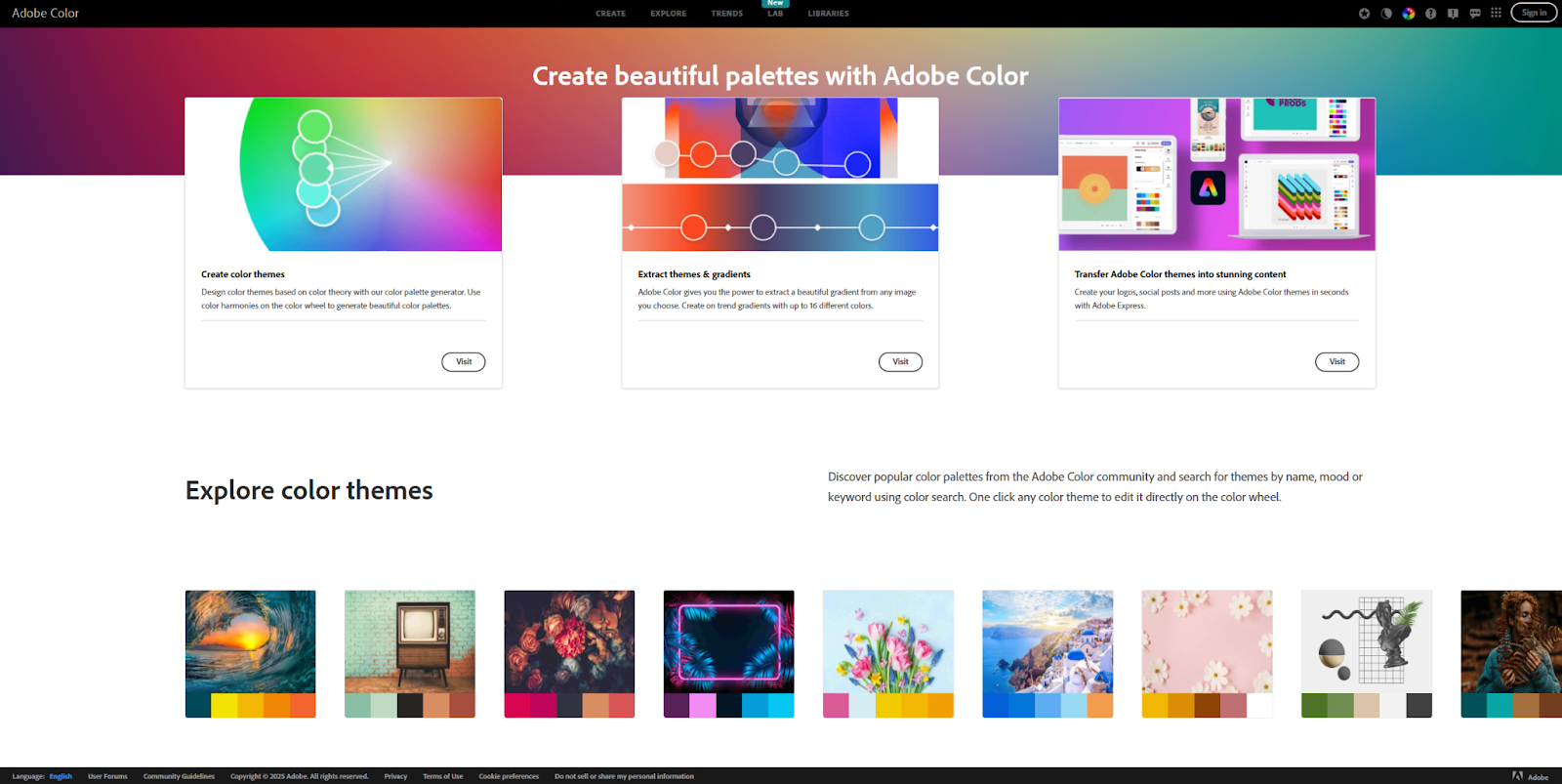 The Adobe Color homepage lists three different color palette tools at the top, followed by a gallery of examples.