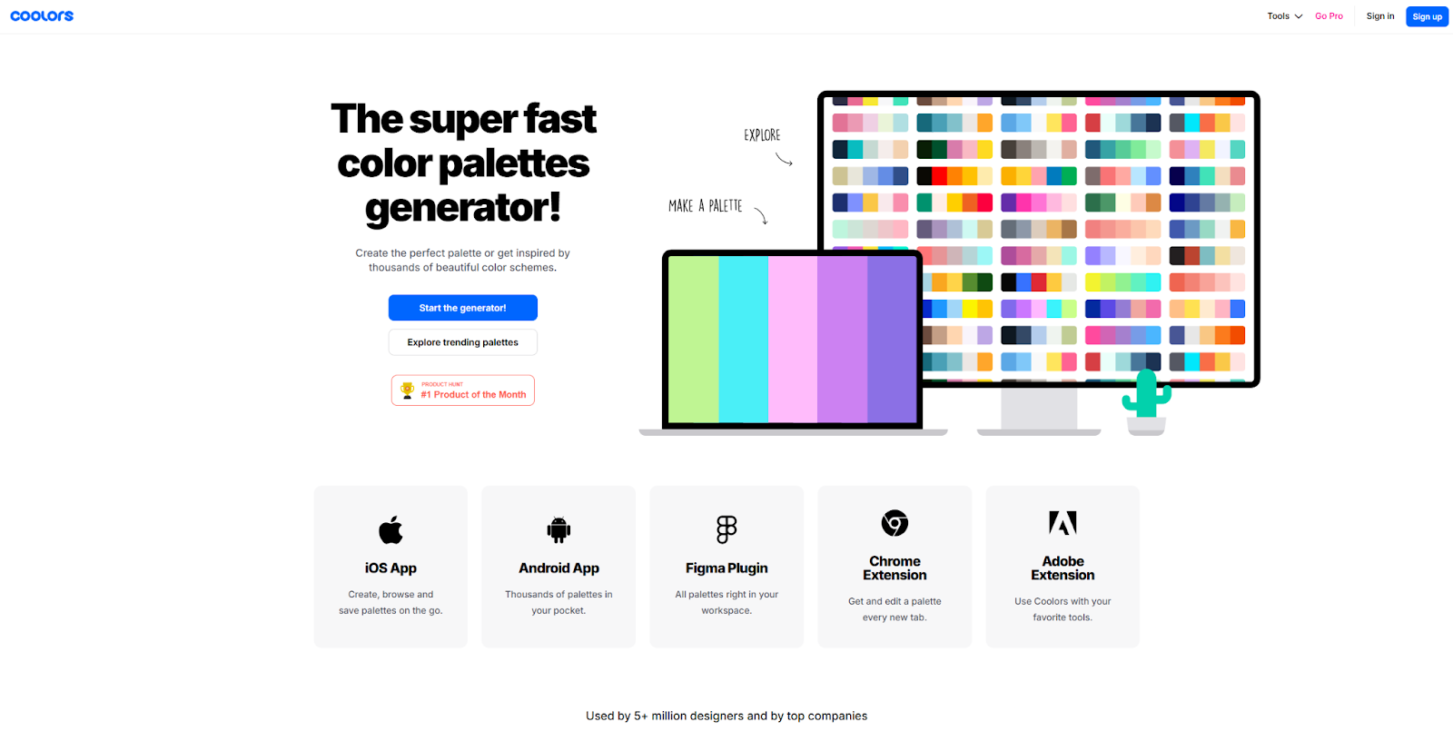 The Coolors homepage with the headline “The super fast color palettes generator!” beside 50 examples of palettes the tool made.