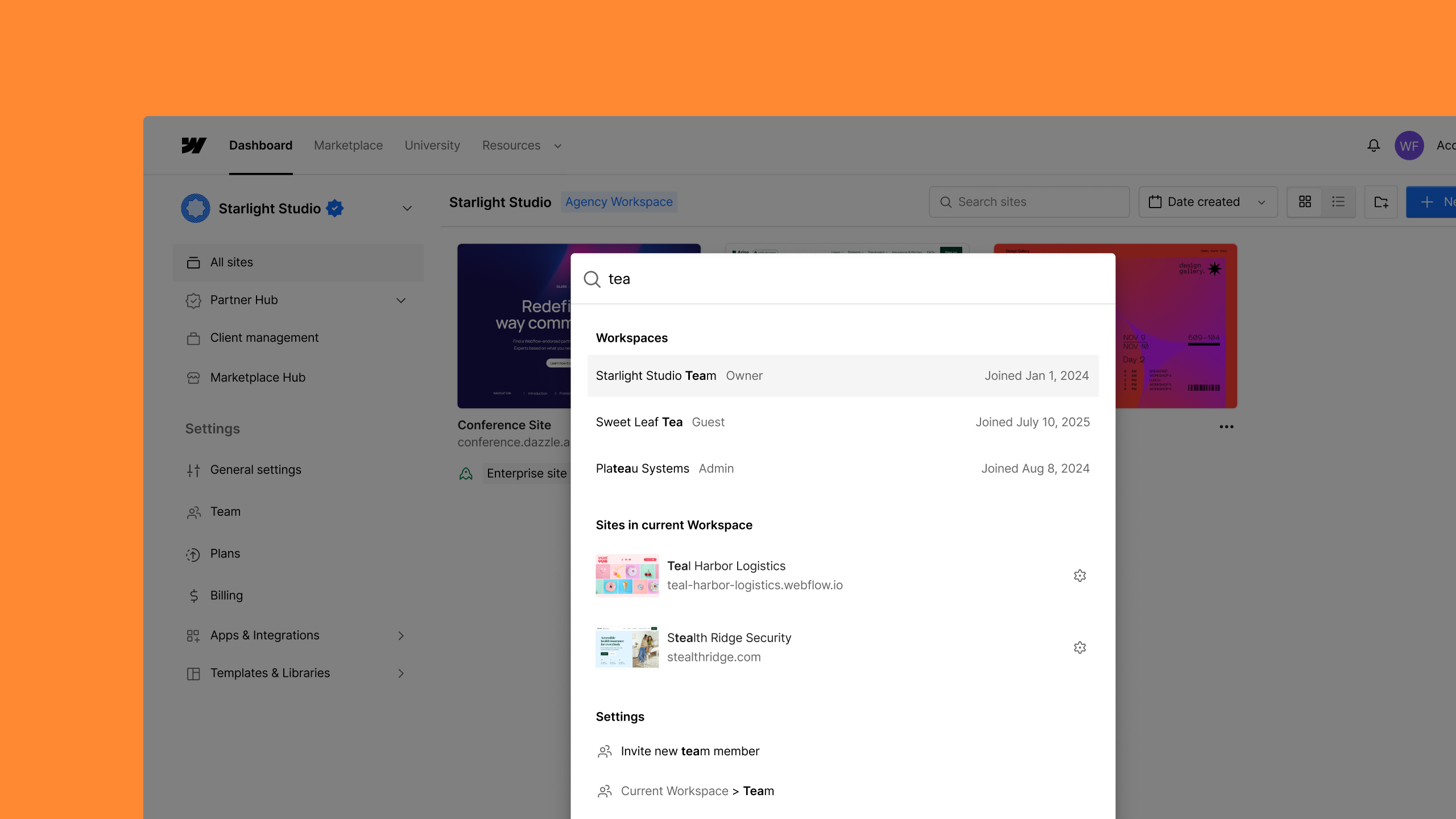 Search across sites, Workspaces, and settings with dashboard quick find