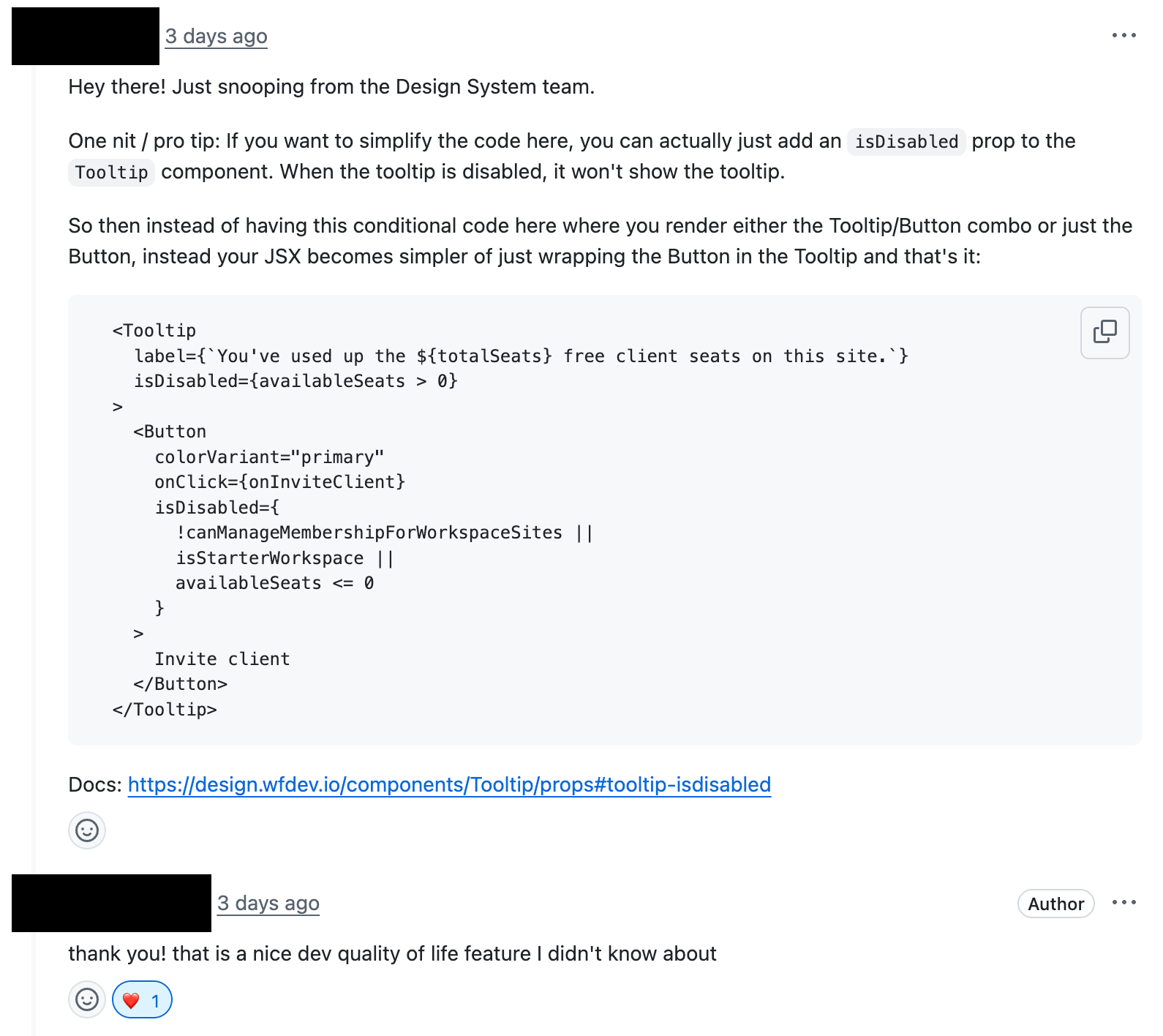 Example code review feedback from the Design System team. They let the PR author know about an alternative component API, and the PR author is grateful to learn this new trick.