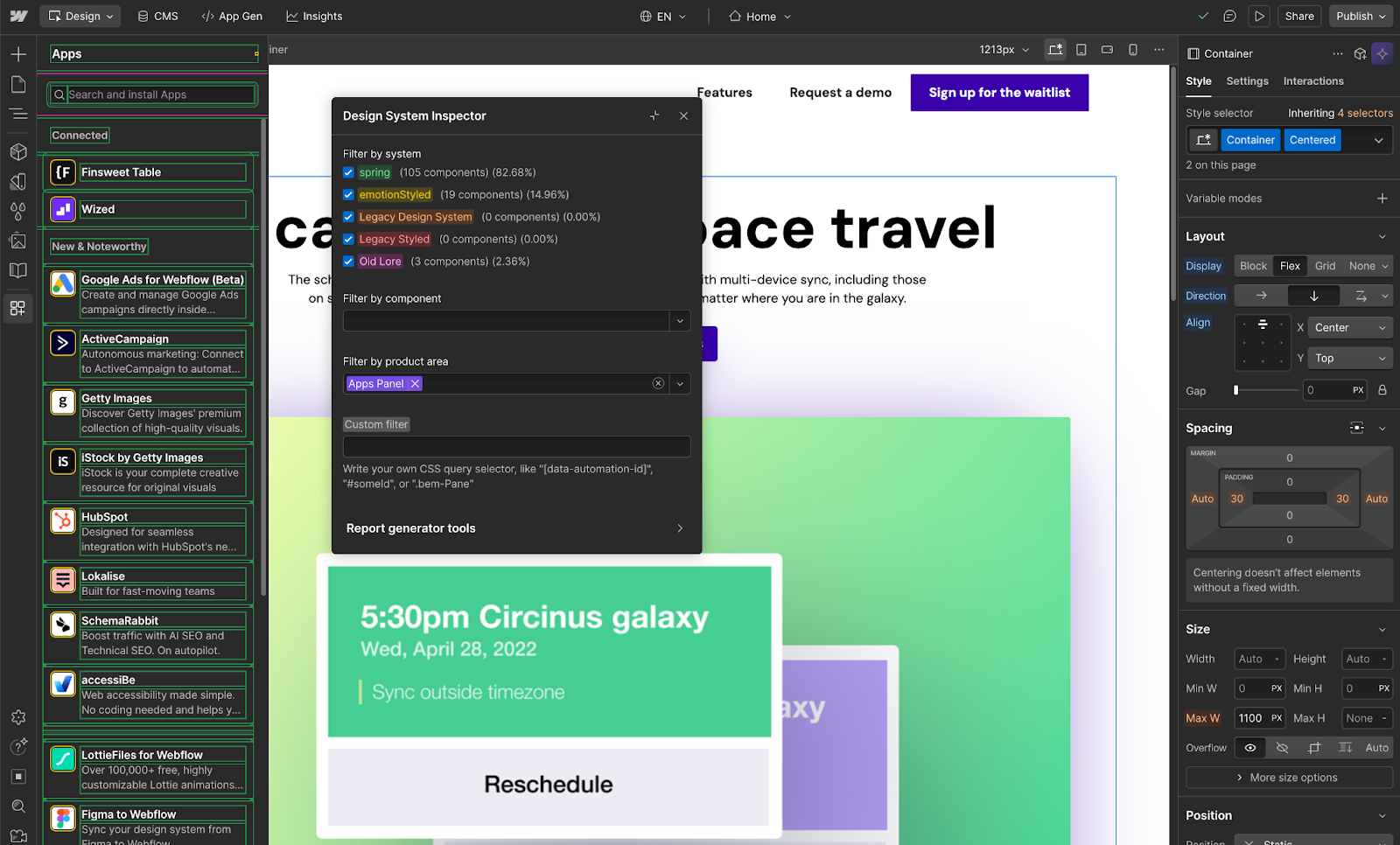 The Design System Inspector is scoped to just the Apps Panel.