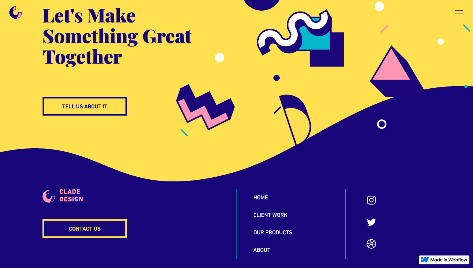 A screenshot of Clade Design’s website footer showing a two-tone design with yellow on top and dark blue at the bottom, with illustrative elements and links.