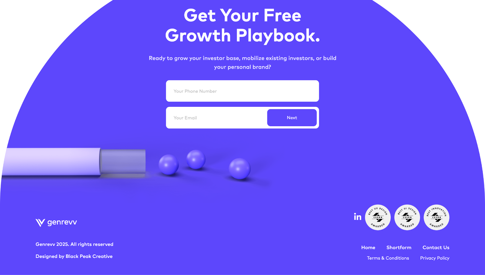 A screenshot of GenRevv’s website footer with a purple layout, white accents, text fields, and the text “Get Your Free Growth Playbook.”