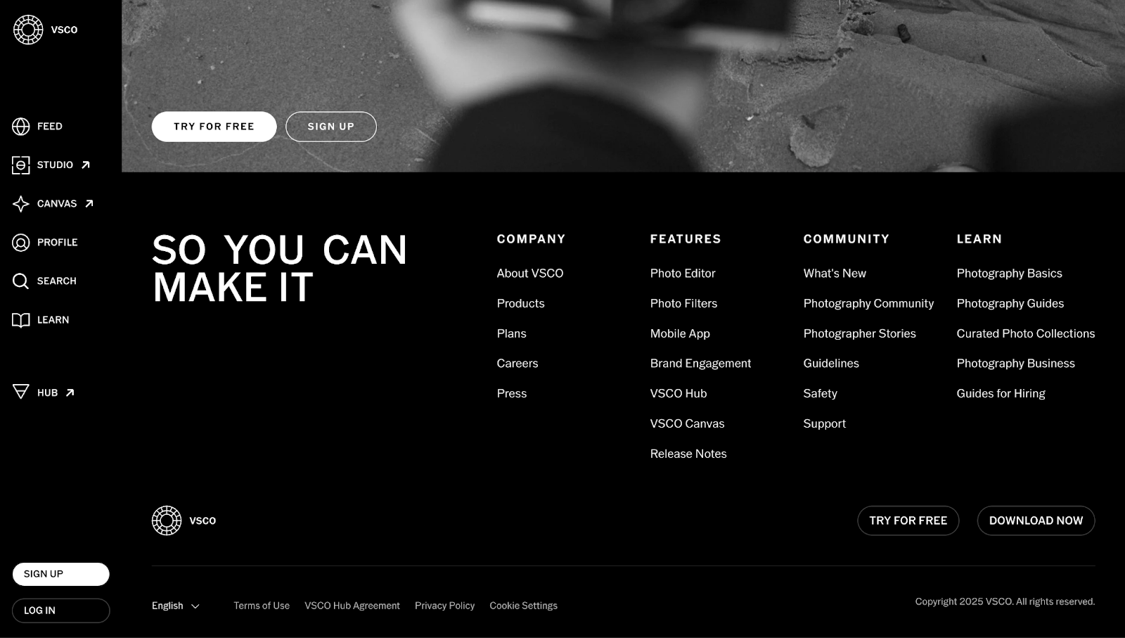 A screenshot of VSCO’s website showing a monochromatic footer with white text on a black background.