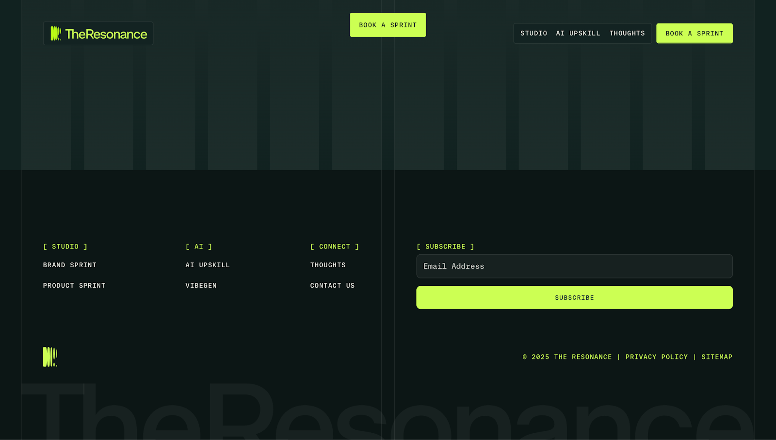 A screenshot of The Resonance’s website footer with a dark green background and neon accents.
