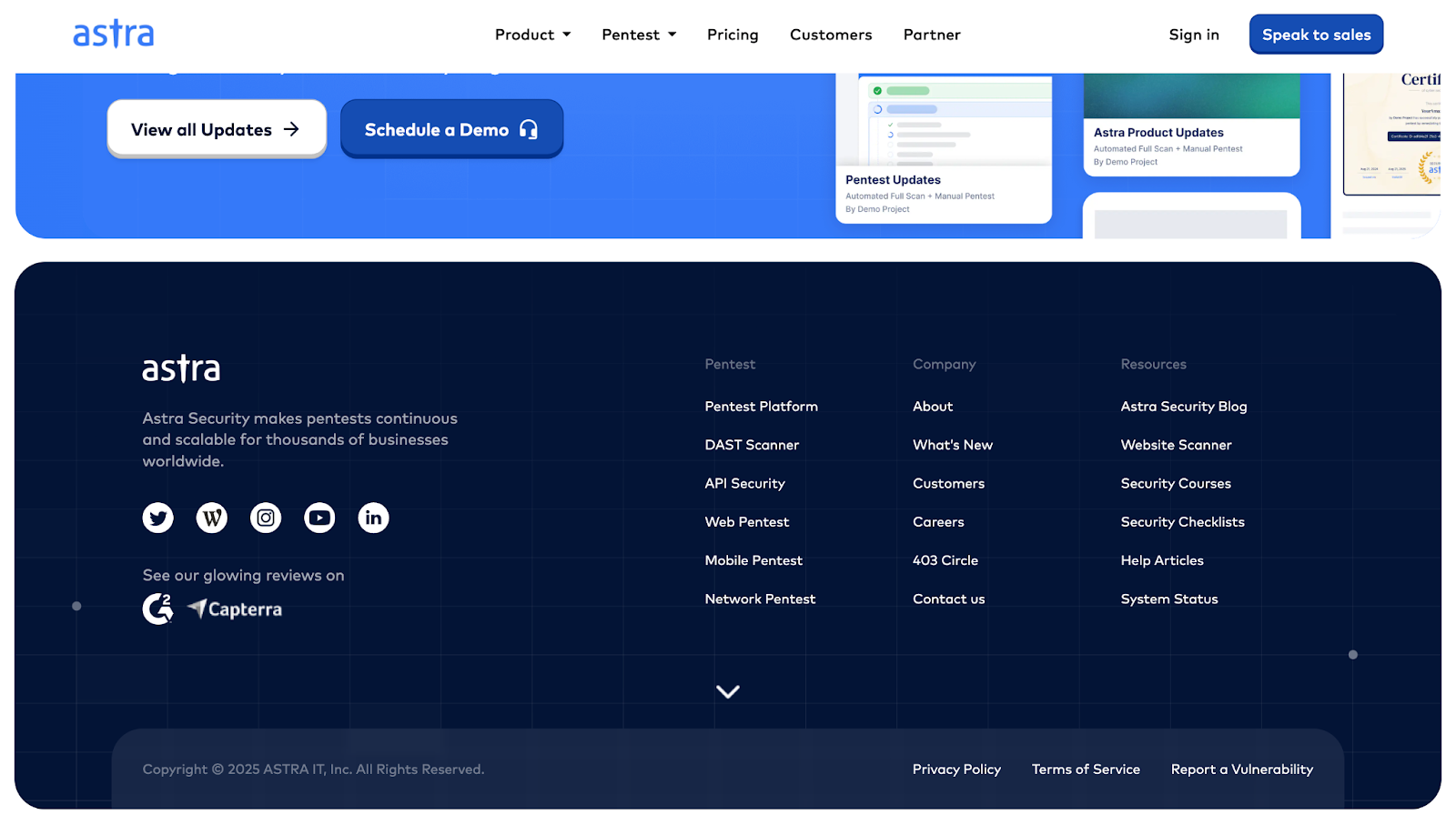 A screenshot of Astra Security’s dark blue website footer with white text, social icons, and legal information.