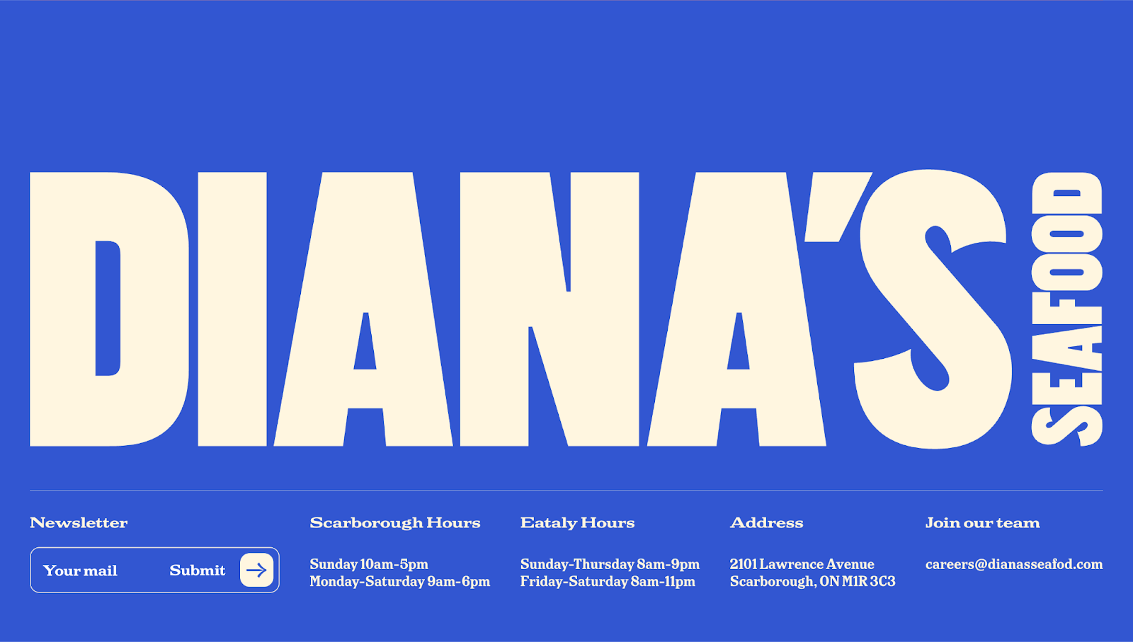 A screenshot of Diana Seafood’s website footer with large, branded text and resource links.