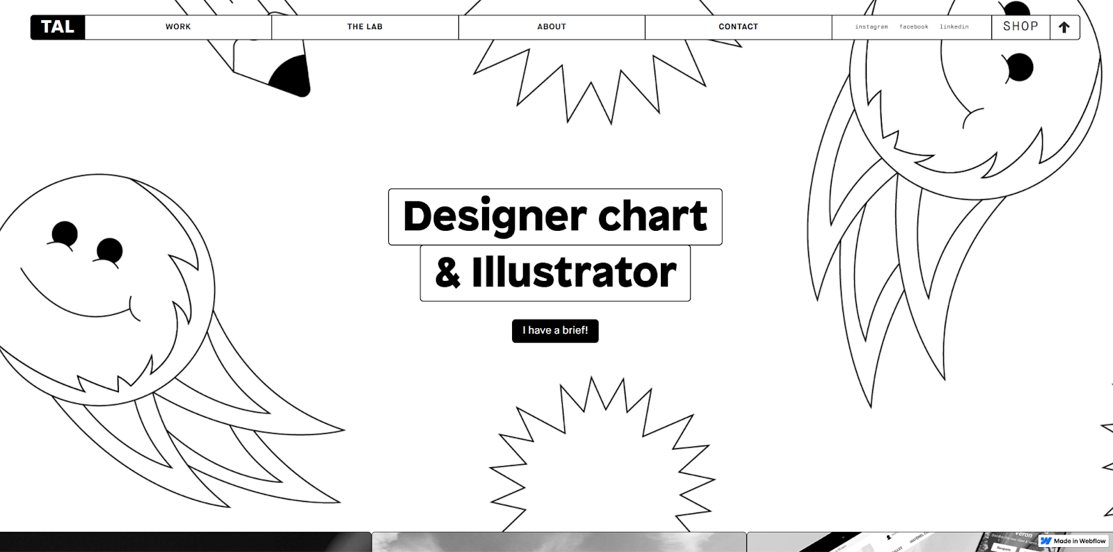 Alexandre Tal’s portfolio site begins with pencil drawings of smiling fireballs around the headline “Designer chart & illustrator.”