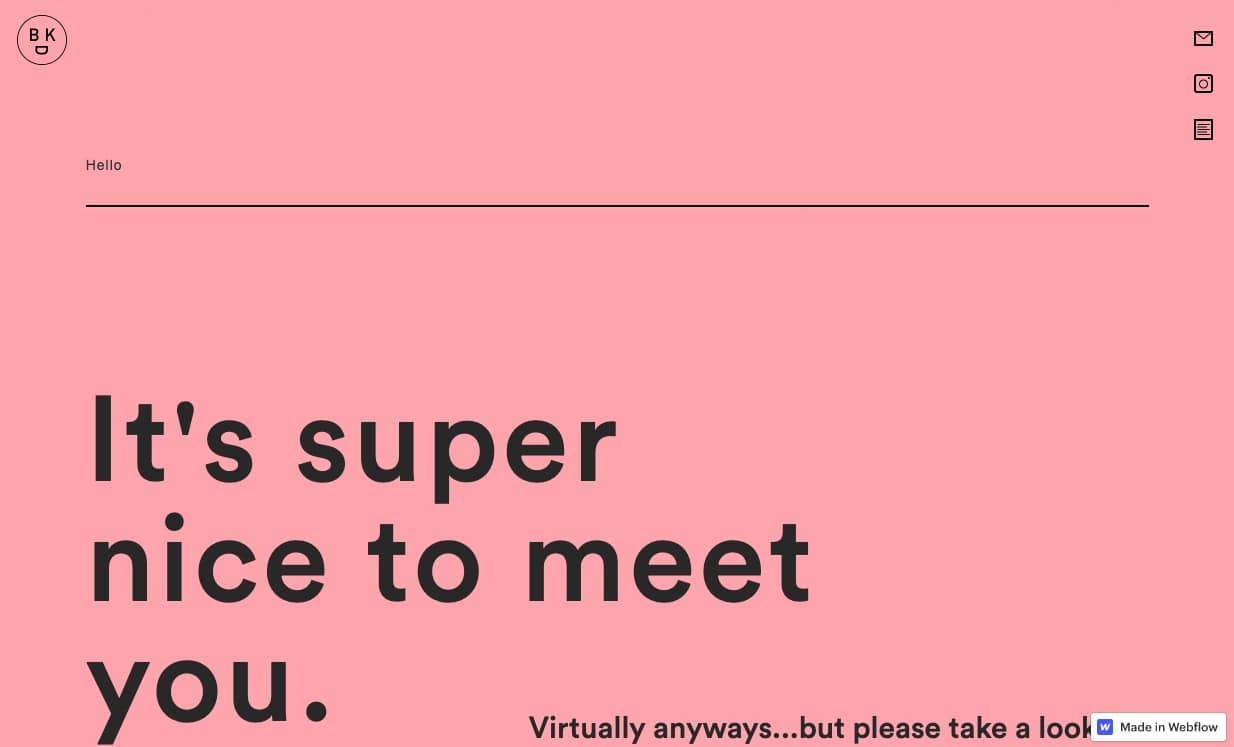 The Be Kind Design portfolio site begins with the headline, “It’s super nice to meet you.”