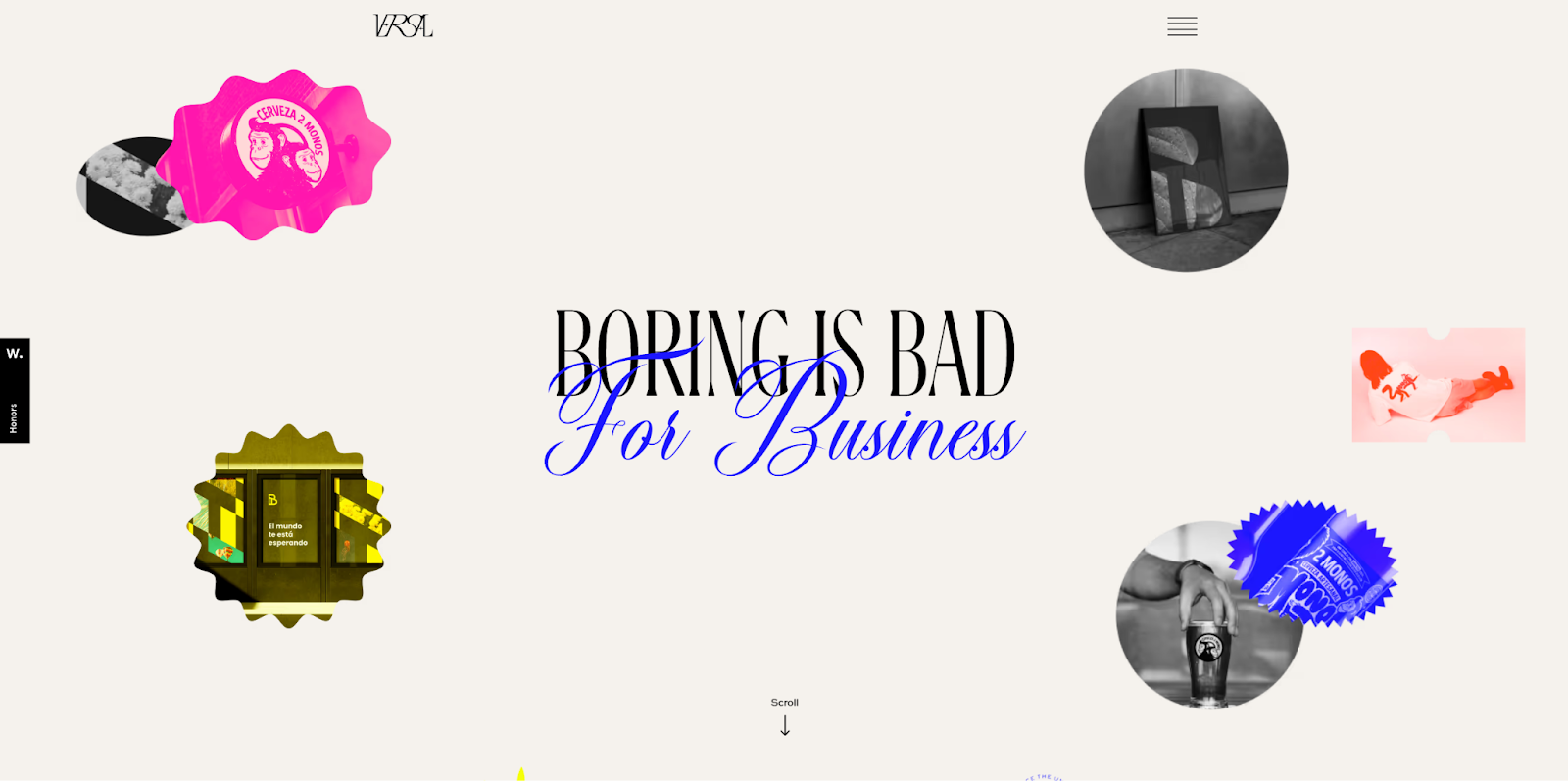 The Versal Graphic Design online portfolio begins with the headline “Boring is bad for business.”
