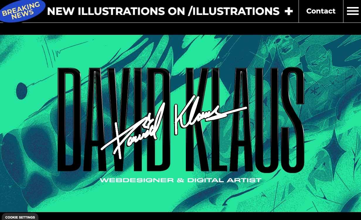David Klaus’ designer portfolio begins with the name “David Klaus” in a stylized font over an illustration.
