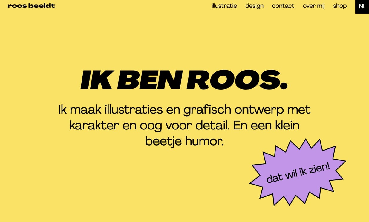 Roos Beeldt’s online portfolio starts with the headline “Ik ben Roos” in bold block letters.