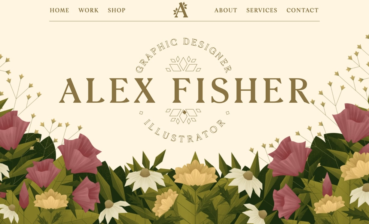 Alex Fisher’s graphic design portfolio begins with her name above a flowery bush.